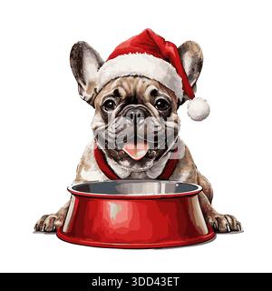 Die süße französische Bulldogge mit Weihnachtsmann-Hut sitzt vor der Essensschale. Weihnachtszeit oder Feiertagskonzept, Vektorillustration Stock Vektor