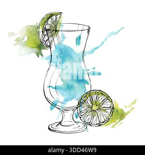 Helles elektrisches tropisches Cocktailgetränk in Hurrikanglas, Limettenscheibe und Rad am Rand. Handgezeichnetes Aquarell- und Tintenkunstwerk für den Sommer Stockfoto