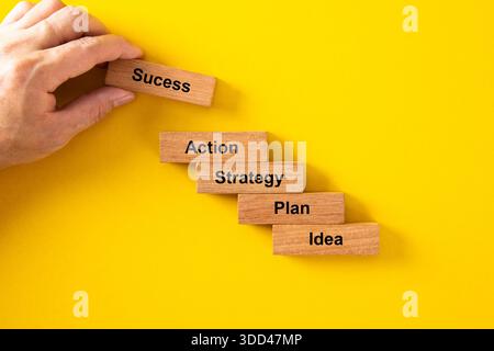 Händige Platzierung des endgültigen Rechtschreibens von Holzblöcken auf gelbem Hintergrund, was das Geschäftswachstum repräsentiert Stockfoto