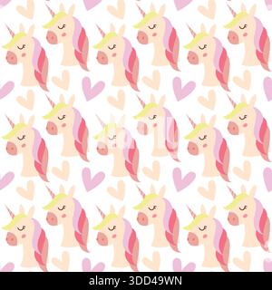 Niedliches nahtloses Unicorn Muster mit Herz Hand gezeichnete Illustration Stock Vektor