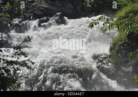 Rauschendes Wasser kaskadiert über Felsen in einem lebendigen Wald und erzeugt weißen Schaum und Nebel. Sonnenlicht filtert durch die Blätter und bringt Wärme in Szene i Stockfoto