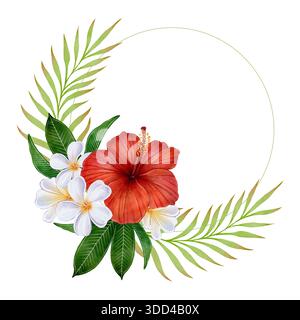 Kreisförmiger tropischer Kranz mit rotem Hibiskus, weißen Plumeria-Blüten und grünen Blättern auf weißem Hintergrund, Illustration ideal für Einladungen Stockfoto