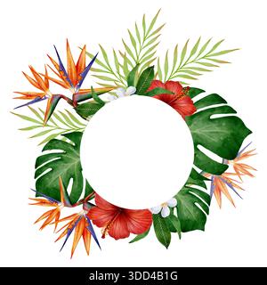 Tropischer Wasserfarbenrahmen mit Hibiskus, Paradiesvögel und Monsterablätter auf weißem Hintergrund, Illustration ideal für Sommereinladungen, Stockfoto