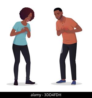 Junge Schwarze Mann und Frau mit Brustschmerzen, Leute halten ihre Brust mit beiden Händen in Schmerz, Herzinfarkt Vektor Illustration Stock Vektor
