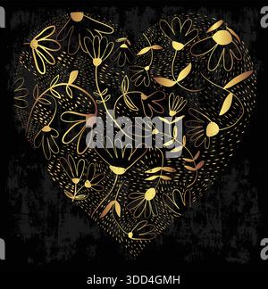 Goldenes dekoratives Herzdesign mit Blumen auf grungy schwarzem Hintergrund Stock Vektor