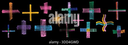 Farbenfrohe, gemalte Vektormarker mit Rastereffekt plus Symbole, grundierte Kreuzschilder für moderne Collagen, Posterdesigns Stock Vektor