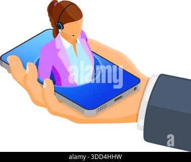 Isometrisches Online-Kundensupport-Konzept. Mobiles Callcenter mit weiblicher Beraterin, Headset, Chat-Symbole, Hand mit Mobiltelefon. Support rund um die Uhr online. Stock Vektor