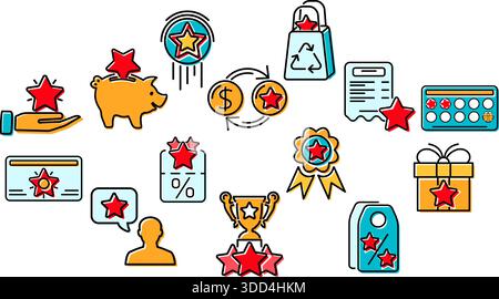 Treueprogramm und Kundenbindung Banner mit farbigen Zeile für Symbole. Kunden mit Prämien belohnt. Geschenk, Gutscheine, Bonus-Wachstum, Stock Vektor