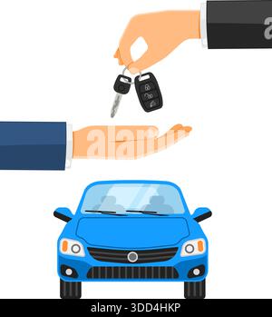 Kauf-, Kauf-, Freigabe- oder Mietwagenkonzept mit flachen Symbolen. Der Autohändler gibt dem Käufer Schlüssel. Isolierte Vektordarstellung Stock Vektor