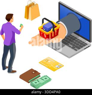 Laptop mit Hand und Warenkorb, Geld, Leute. Internet-Shopping und elektronische Online-Zahlungen Konzept. Isometrische Symbole. Vektorabbildung Stock Vektor