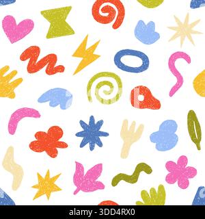 Verspieltes nahtloses Muster mit bunten abstrakten Kritzelformen, handgezeichneten Elementen und lebendigen Formen, ideal für kreative Hintergründe und moderne Designprojekte, isoliert auf weißem Hintergrund Vektorillustration Stock Vektor