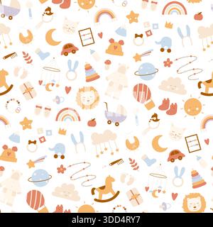 Verspieltes Boho Baby nahtloses Muster mit Regenbögen, Tieren, Spielzeug, Wolken und Sonne in weichen Pastellfarben, ideal für Kinderzimmer und Kinder Designs, isoliert auf weißem Hintergrund Vektor Illustration Stock Vektor