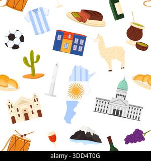 Traditionelle argentinische Ikonen einschließlich Essen, Sehenswürdigkeiten, Karte und kulturelle Elemente in einem nahtlosen Muster angeordnet, ideal für Reise- und Bildungsthemen, isoliert auf weißem Hintergrund Vektorillustration Stock Vektor