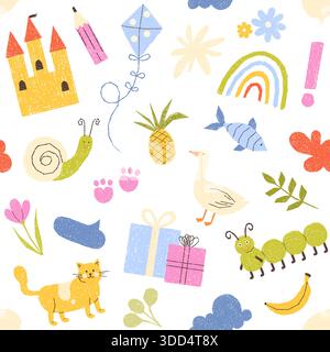 Verspieltes nahtloses Muster mit kindlichen Kritzeleien von Tieren, Pflanzen, Geschenken und bunten Objekten, perfekt für Kinderprojekte, Geschenkpapier und Hintergründe, isoliert auf weißem Hintergrund Vektorillustration Stock Vektor