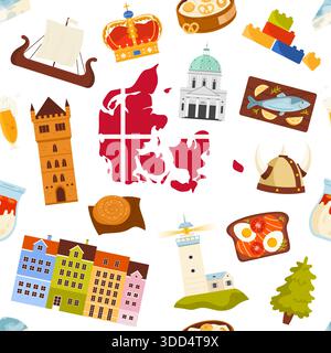 Dänische Symbole einschließlich Karte, Krone, Wikingerhelm, Essen, Gebäude, und Wahrzeichen in einem nahtlosen Muster angeordnet, die dänische Kultur und Traditionen darstellen, isoliert auf weißem Hintergrund Vektorillustration Stock Vektor