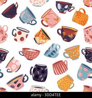 Hand gezeichnetes nahtloses Muster mit verschiedenen bunten Tassen und Tassen mit verspielten dekorativen Designs, ideal für Küche, Café, oder Textilprojekte, isoliert auf weißem Hintergrund Vektorillustration Stock Vektor