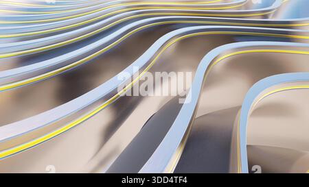 Abstrakte Metallwellen fließen in Gold- und Silbertönen und zeigen fließende Kurven mit holografischen Verläufen und glatter Metallic-Textur modernes Tech-Design 3D Stockfoto