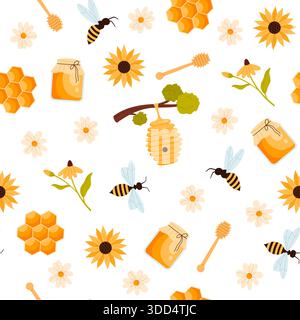 Nahtloses Muster mit Honiggläsern, Bienen, Waben, Sonnenblumen, Gänseblümchen, und Bienenstöcke, ideal für Natur- und Honigmotive, isoliert auf weißem Hintergrund Vektorillustration Stock Vektor