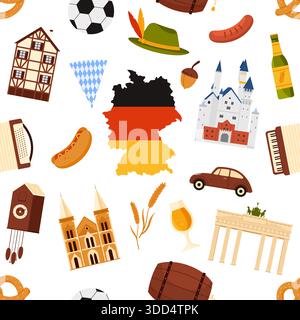 Deutsche Symbole wie Karte, Bier, Wurst, Wahrzeichen und traditionelle Symbole in einem nahtlosen sich wiederholenden Muster angeordnet, ideal für Reise- und Kulturthemen, isoliert auf weißem Hintergrund Vektorillustration Stock Vektor