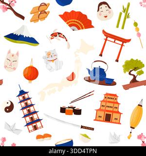 Japanische Kultur-Ikonen wie Sushi, Pagode, Fan, Bonsai, Laterne, und der Fuji ist in einem nahtlosen Muster angeordnet, isoliert auf weißem Hintergrund Vektor-Illustration Stock Vektor