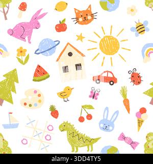 Bunte handgezeichnete Kritzeleien von Tieren, Objekten und Naturelementen erzeugen ein verspieltes Kindergemälde nahtloses Muster, isoliert auf weißem Hintergrund Vektorillustration Stock Vektor