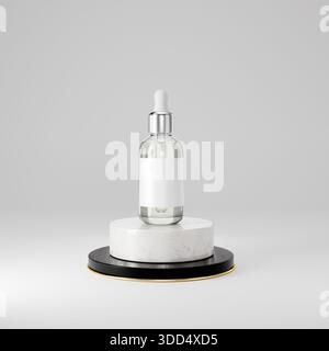 Kosmetische Präsentation. Serum-Hautpflegeflasche über einem Sockel aus Marmor und Gold. Hyaluronsäure, kosmetisches organisches Serumprodukt mit Peptid und leerem Labe Stockfoto