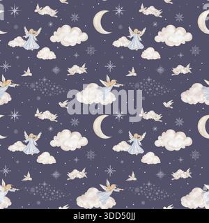 Nahtloses Muster mit niedlichen Trompeten des Weihnachtsengels, hellem Haar und blauem Kleid. Handgezeichnete Illustration wiederholtes Ornament mit Schneeflocken für Kinder Stockfoto