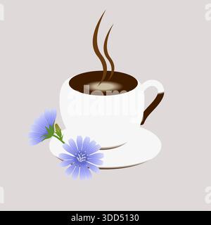 Eine Tasse Kaffee mit Zichorienblättern auf grauem Hintergrund. Stock Vektor