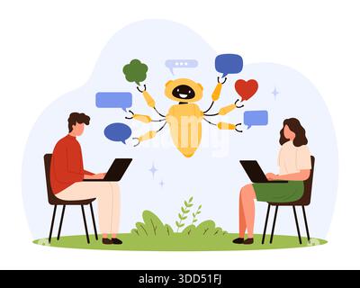 Ein freundlicher Roboter mit mehreren Armen vermittelt digitale Gespräche zwischen zwei Benutzern und tauscht Chat-Blasen, Herz und Ideen in einer modernen, flachen, isolierten Vektorillustration aus Stock Vektor