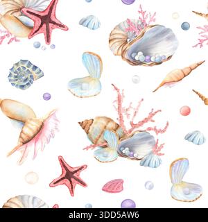 Meeresmuster nahtlos von Muscheln, Seesternen, Murex, Perlen, Korallen, Polyp, nautilus, Spiralschalen. Unterwasserwelt Clipart. Handgezeichnetes Aquarell il Stockfoto