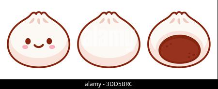 Baozi, Dim Sum, xiaolongbao. Traditioneller chinesischer Knödel mit Kawaii-Gesicht und Querschnitt, der Füllung zeigt. Asiatische Lebensmittel Vektor-Illustration. Stock Vektor