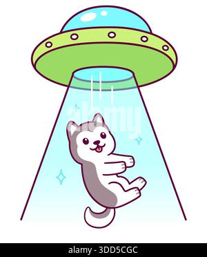 Aliens auf fliegende Untertasse entführen Hund. Lustige Zeichentrickfilm Husky Welpe und UFO Zeichnung, Vektor Illustration. Stock Vektor
