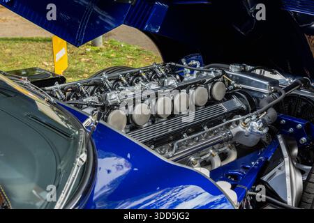 1974 Jaguar E-Type, ausgestellt auf der Bicester Motion Assembly am 30. November 2025. Stockfoto