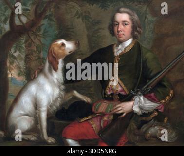 Porträt eines Gentleman Windham Quinn aus Adare County Limerick Irland 1745 Öl auf Leinwand Gemälde von Stephen Slaughter Kunstwerk aus dem 18. Jahrhundert irischer Adel mit Hund und Pistole Stockfoto