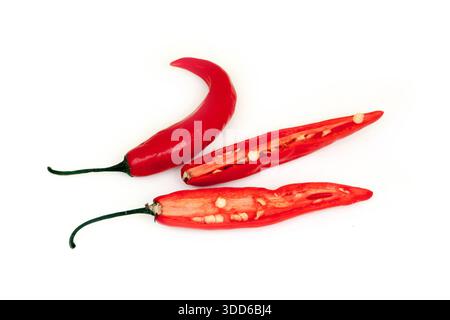 Brasilianischer roter Pfeffer, Capsicum baccatum, auf Portugiesisch als dedo-de-moca oder Finger to Girl bekannt, auf weißem Hintergrund Stockfoto
