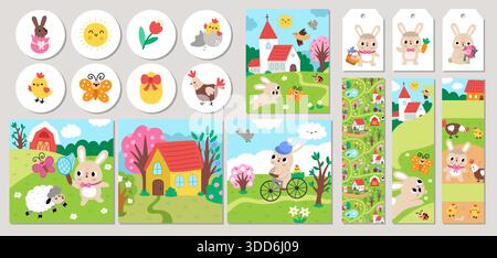 Niedliche Osterkarten mit Häschen, Huhn, Kirche, farbigen Eiern, Bauernhof. Quadratische, runde, vertikale Vektorvorlagen. Frühlingsferien-Design für Stock Vektor