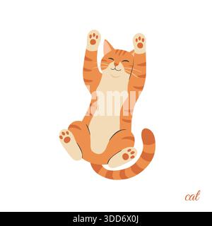 Eine fröhliche orangene Tabbykatze in voller Streckung – die Pfoten hoch gehoben, die Augen sanft geschlossen und ein zufriedenes Lächeln im Gesicht. Stock Vektor