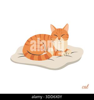 Eine gemütliche orangene Tabbykatze, die sich auf einem weichen Kissen zusammengerollt hat – die Augen wurden sanft geschlossen, die Pfoten eingezogen und ein friedliches Lächeln im Gesicht. Stock Vektor