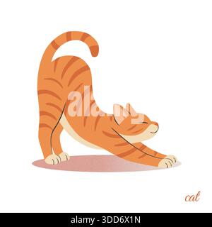 Eine entspannte orangene Tabbykatze mit tiefer Abwärtsdehnung – Vorderpfoten nach vorne gestreckt, Rücken nach oben gewölbt, Augen geschlossen und Schwanz in reiner Zufriedenheit gekrümmt. Stock Vektor