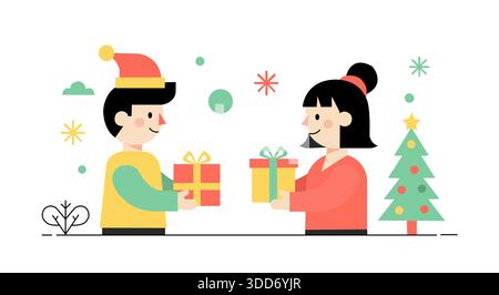 Eine charmante, einfache flache Design-Vektor-Illustration, die den Geist des Gebens während der Weihnachts- und Weihnachtszeit darstellt. Stock Vektor