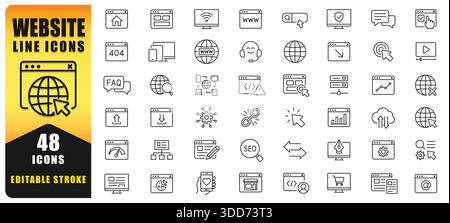 Symbolsatz für Website-Linien mit bereinigten bearbeitbaren Kontursymbolen für Webdesign, Entwicklung, UI UX, SEO, Hosting, Analytics, Navigation Und Online-Service Stock Vektor