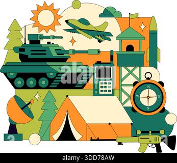 Militärische Armee-Kräfte Vektor-Illustration Mit Soldaten, Waffen, Panzern, Schwerer Schutzausrüstung Im Flachen Stil Cartoon Hintergrund Stock Vektor