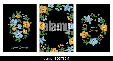 Karten-Set mit Frühlingsblumen. Buntstift gelbe blaue Blumen auf schwarzem Hintergrund. Strukturierte Handgezeichnete Kreidezeichnungen. Poster mit Einzelmusterrahmen. Vertikal Stock Vektor
