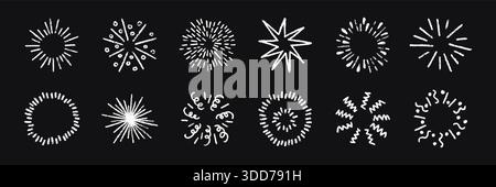 Konfetti-Set mit Buntstift-Doodle. Weißes Bleistift handgezeichnetes Feuerwerk-Symbol. Kreide Textur Geburtstagsknacker und Konfetti. Grafisches Designelement für Buntstifte Stock Vektor