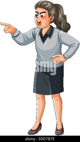 Vektor-Illustration der wütenden Geschäftsfrau schreien und zeigen, isoliert auf weißem Hintergrund, flacher Zeichentrickstil Stock Vektor