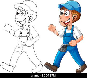 Lächelnder Karikaturarbeiter in blauen Overalls, dargestellt in Farb- und Umrissstilen Stock Vektor