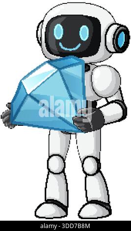 Lächelnder Karikaturroboter mit facettiertem blauen Edelstein, weißem Hintergrund, sauberer Vektor-Kunststil Stock Vektor