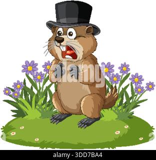 Cartoon-Murmeltier mit Hut, überraschtem Ausdruck, stehend auf Gras mit lila Blumen Stock Vektor
