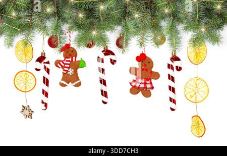 Wunderschönes Weihnachtsdekor und Tannenzweige auf weißem Hintergrund. Bannerdesign Stockfoto