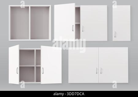Küchenschrank 3D Mockups Set isoliert auf Hintergrund. Vektor-realistische Illustration von weißen Holzschränken mit offenen geschlossenen Türen, Metallgriffen, leeren Regalen, Wohnraum, Möbeldesign Stock Vektor